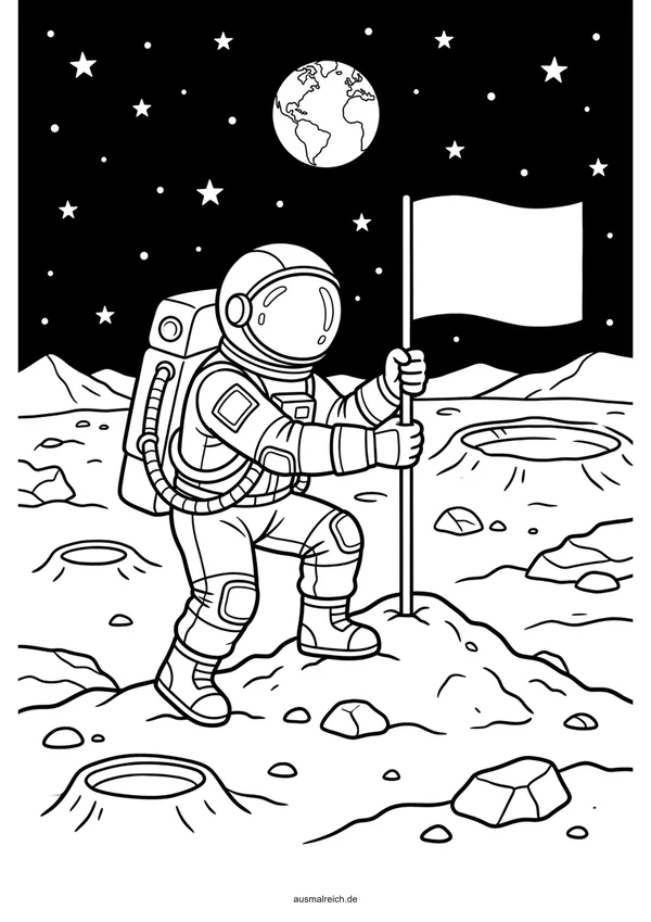 Astronaut hisst die Mondfahne - Kostenloses Ausmalbild für Kinder (5-7 Jahre)