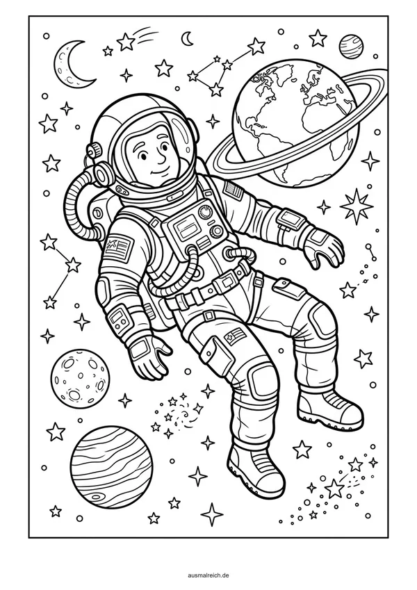 Astronaut schwebt schwerelos im All - Kostenloses Ausmalbild für Kinder (5-7 Jahre)