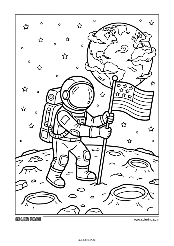 Astronaut spaziert auf dem Mond - Kostenloses Ausmalbild für Kinder (5-7 Jahre)