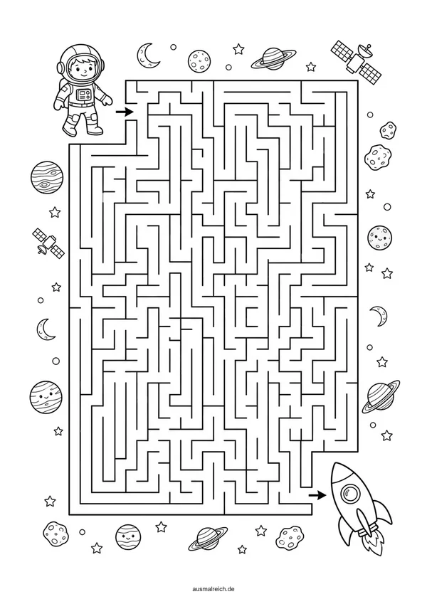 Kostenloses Labyrinth-Rätsel für Kinder (8-12 Jahre): Labyrinth: Astronaut zur Rakete