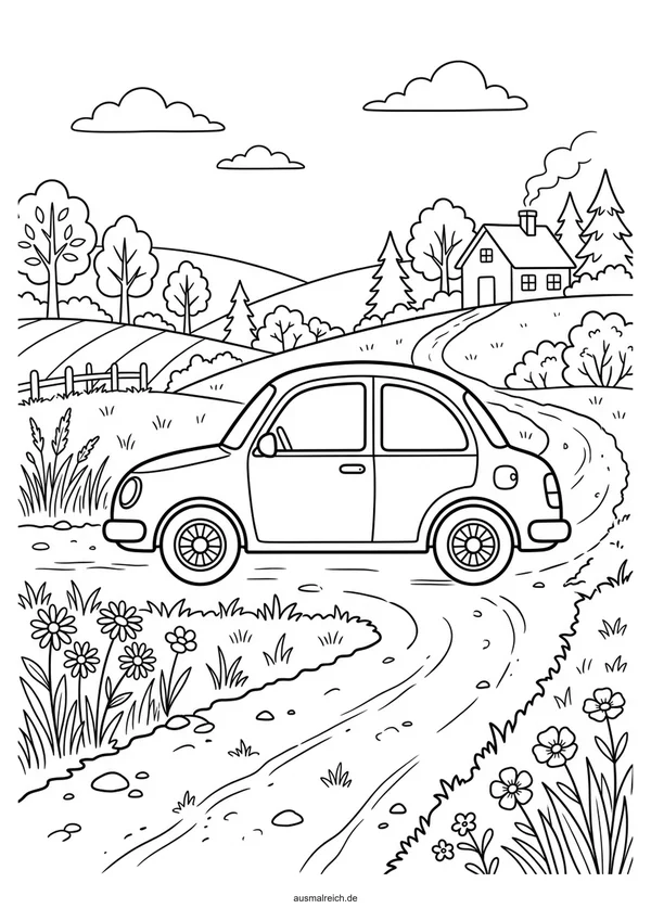 Auto auf der Landstraße - Kostenloses Ausmalbild für Kinder (5-7 Jahre)