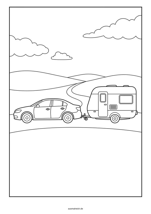 Auto mit Wohnwagen - Kostenloses Ausmalbild für Kinder (6-8 Jahre)