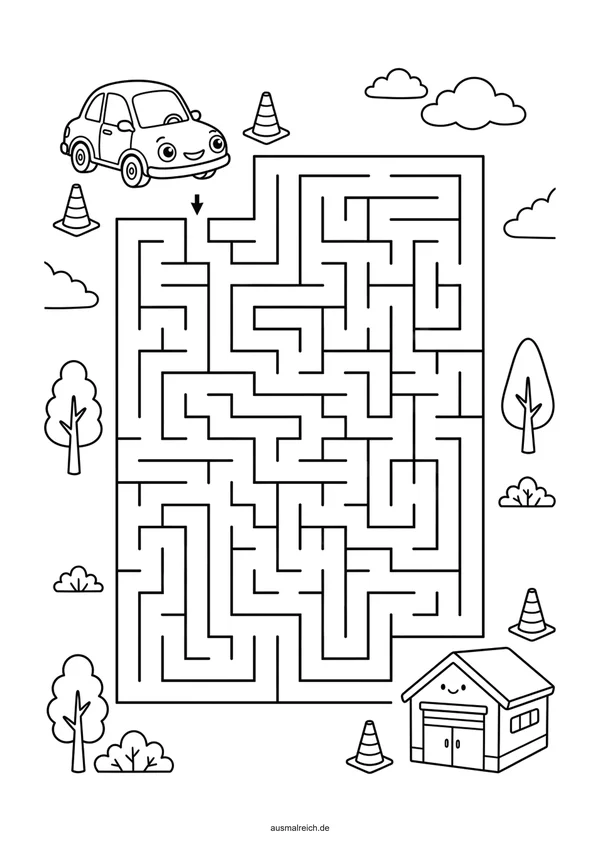 Kostenloses Labyrinth-Rätsel für Kinder (5-7 Jahre): Labyrinth: Auto fährt zur Garage