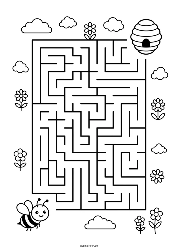 Kostenloses Labyrinth-Rätsel für Kinder (4-5 Jahre): Labyrinth: Biene fliegt zum Bienenstock
