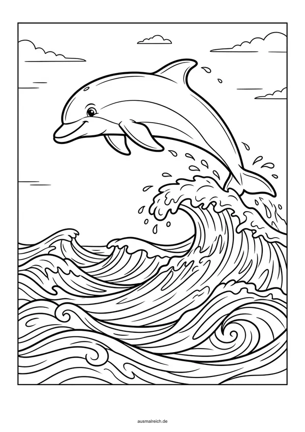 Delfin springt fröhlich durch Wogen - Kostenloses Ausmalbild für Kinder (3-4 Jahre)