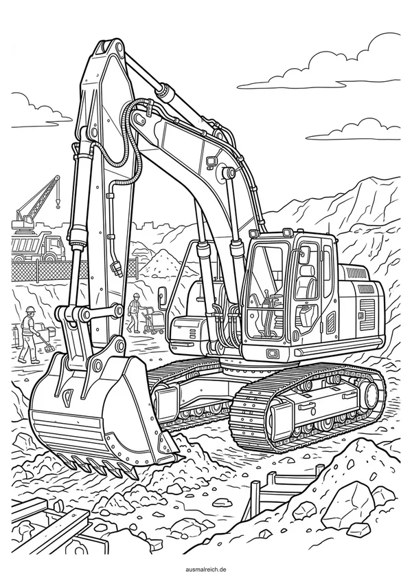 Detaillierter Bagger auf der Baustelle - Kostenloses Ausmalbild für Kinder (8-12 Jahre)