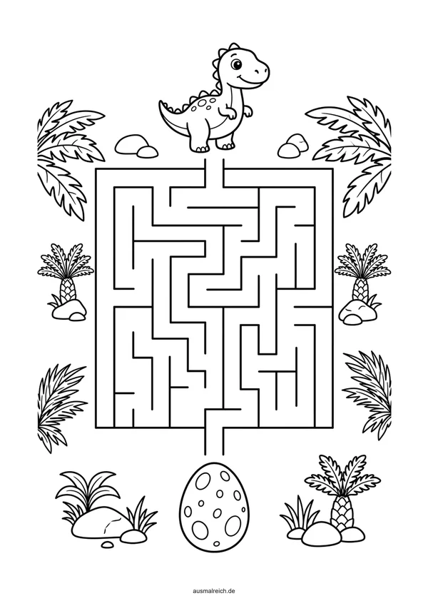 Kostenloses Labyrinth-Rätsel für Kinder (4-5 Jahre): Labyrinth: Dinosaurier sucht sein Ei