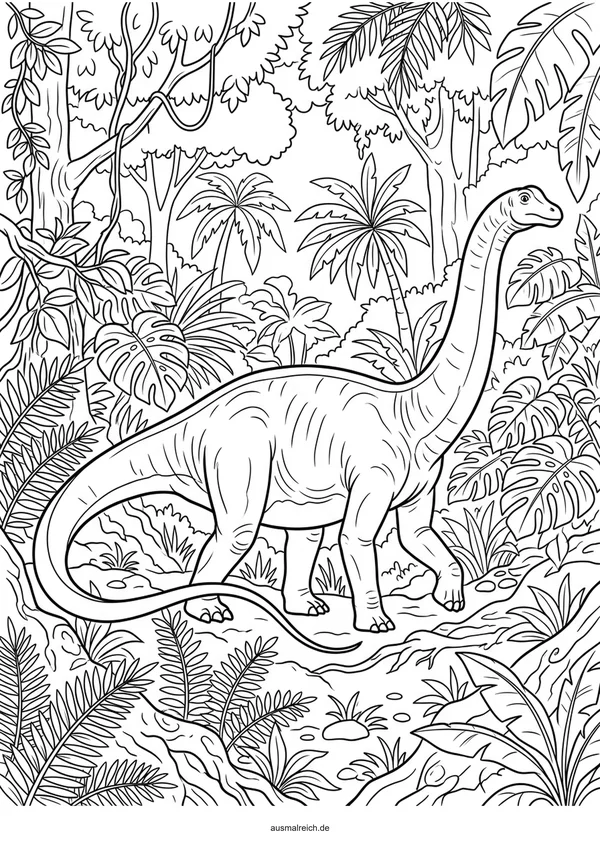 Diplodocus im Urwald - Kostenloses Ausmalbild für Kinder (6-8 Jahre)
