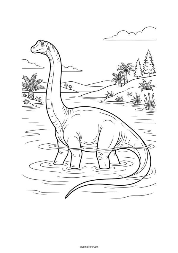 Diplodocus am Ufer des Sees - Kostenloses Ausmalbild für Kinder (5-7 Jahre)