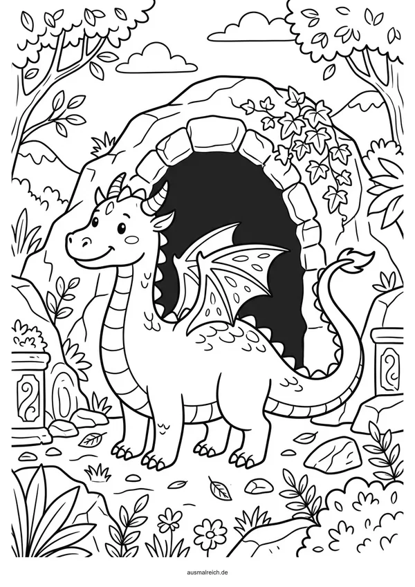 Drache auf dem Felsen - Kostenloses Ausmalbild für Kinder (5-7 Jahre)