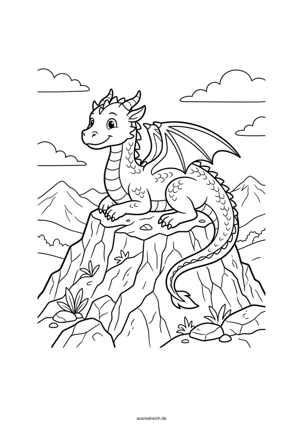 Drache auf dem Berggipfel - Kostenloses Ausmalbild für Kinder (5-7 Jahre)