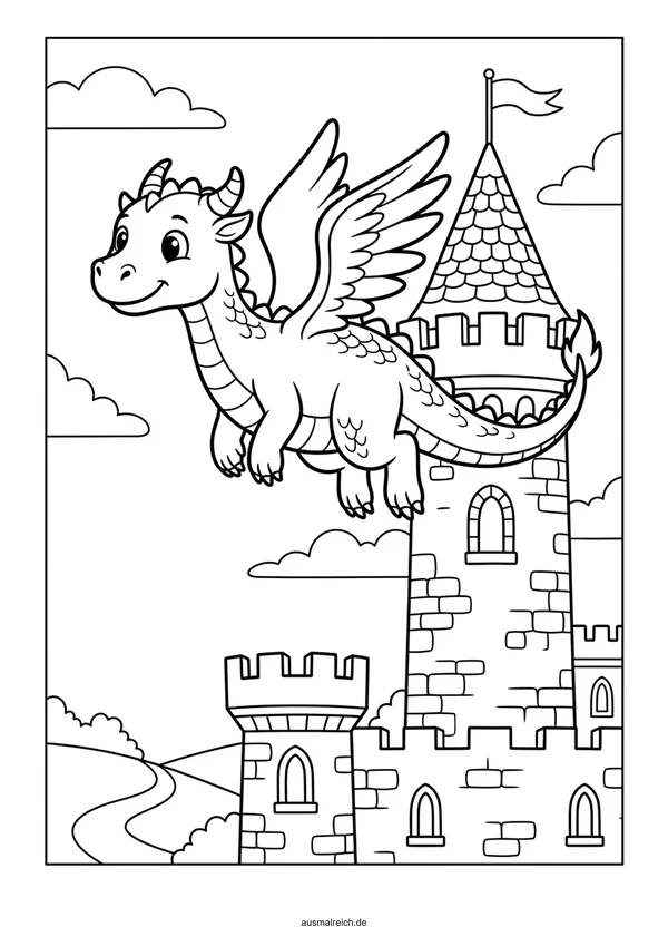 Drache bewacht das Schloss - Kostenloses Ausmalbild für Kinder (5-7 Jahre)