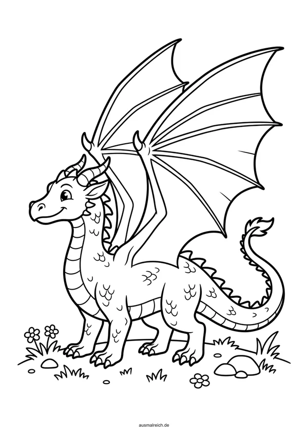 Drache mit großen Flügeln - Kostenloses Ausmalbild für Kinder (5-7 Jahre)