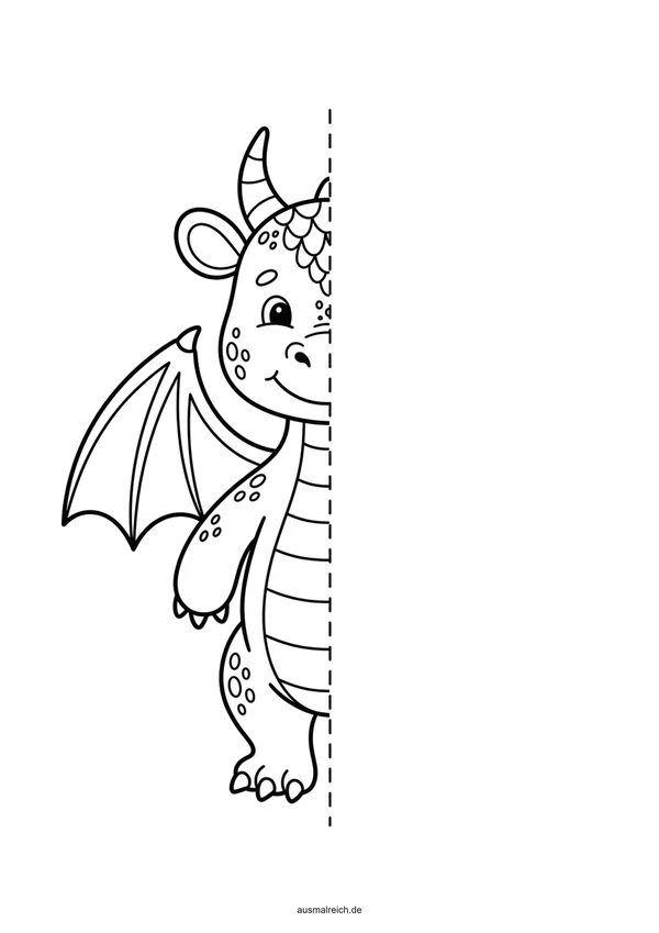 Symmetrie-Zeichenübung für Kinder (6-8 Jahre): Bild vervollständigen: Drache