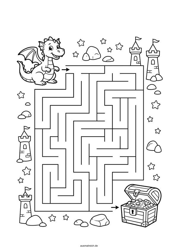 Kostenloses Labyrinth-Rätsel für Kinder (6-8 Jahre): Labyrinth: Drache bewacht den Schatz