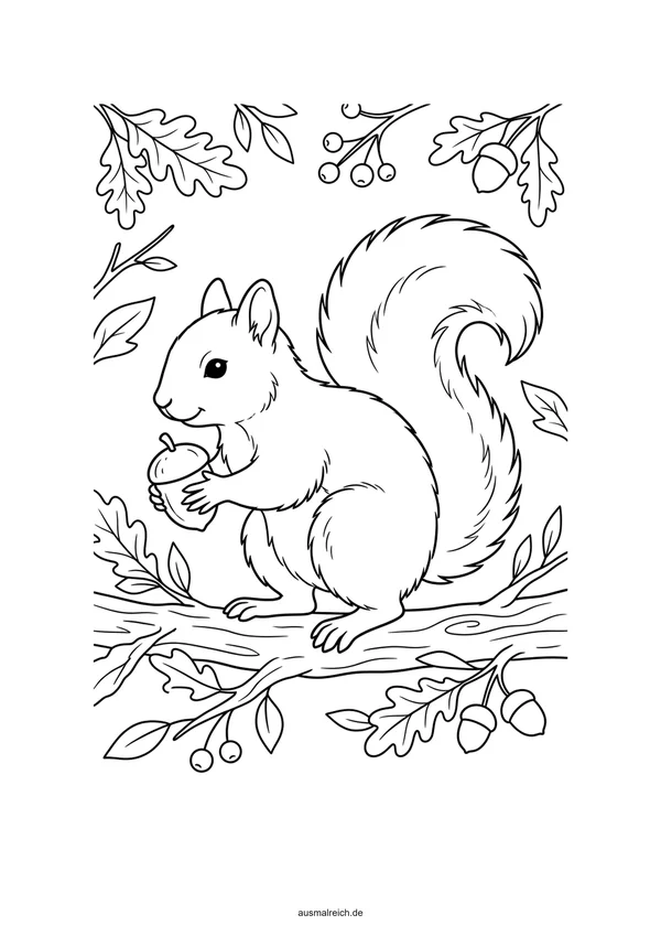 Eichhörnchen mit einer Nüsschen - Kostenloses Ausmalbild für Kinder (5-7 Jahre)