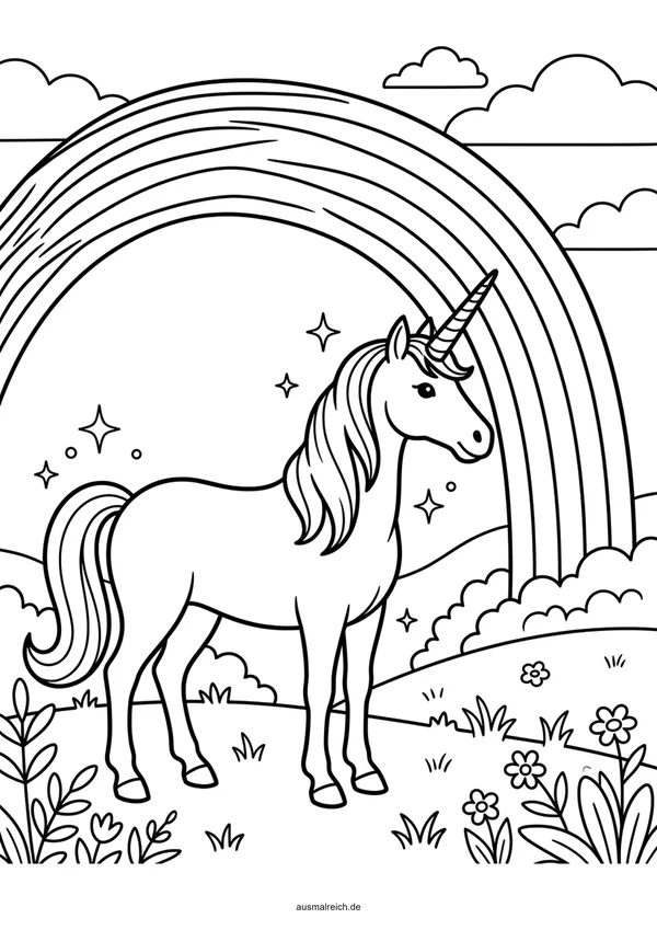 Einhorn am Regenbogen - Kostenloses Ausmalbild für Kinder (5-7 Jahre)