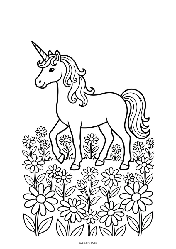 Einhorn auf der Blumenwiese - Kostenloses Ausmalbild für Kinder (4-5 Jahre)