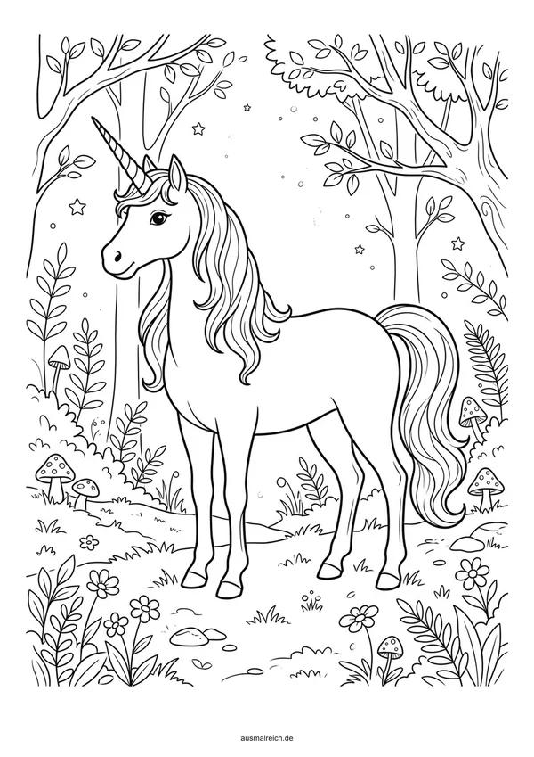 Einhorn im Zauberwald - Kostenloses Ausmalbild für Kinder (5-7 Jahre)