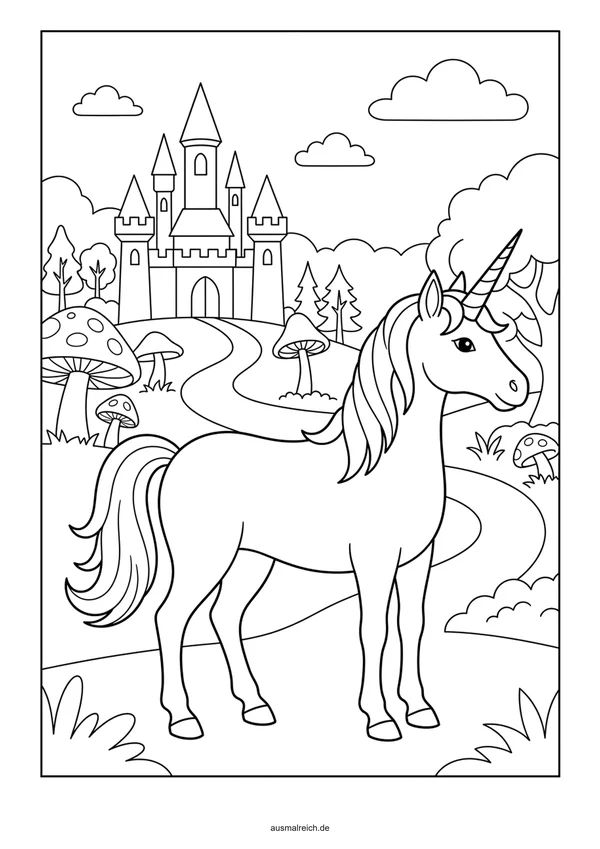 Einhorn vor dem Märchenschloss - Kostenloses Ausmalbild für Kinder (6-8 Jahre)