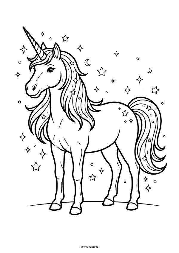 Einhorn mit zauberhaften Sternen - Kostenloses Ausmalbild für Kinder (5-7 Jahre)