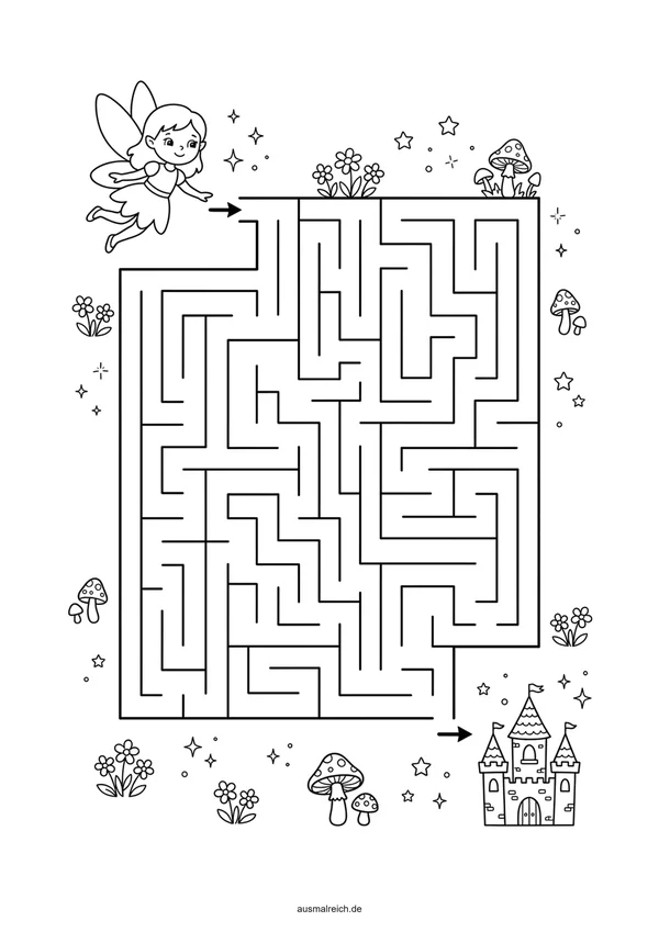 Kostenloses Labyrinth-Rätsel für Kinder (5-7 Jahre): Labyrinth: Fee fliegt zum Schloss