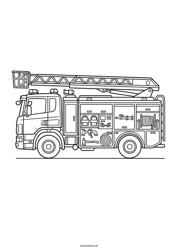 Feuerwehrauto mit Ausrüstung - Kostenloses Ausmalbild für Kinder (5-7 Jahre)