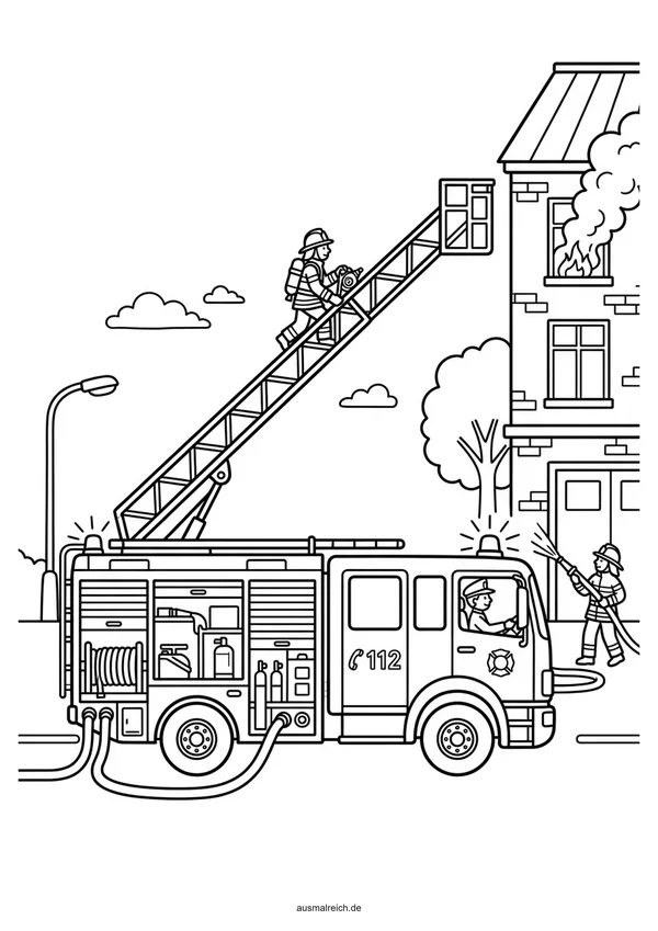 Feuerwehrauto im Einsatzeinsatz - Kostenloses Ausmalbild für Kinder (5-7 Jahre)