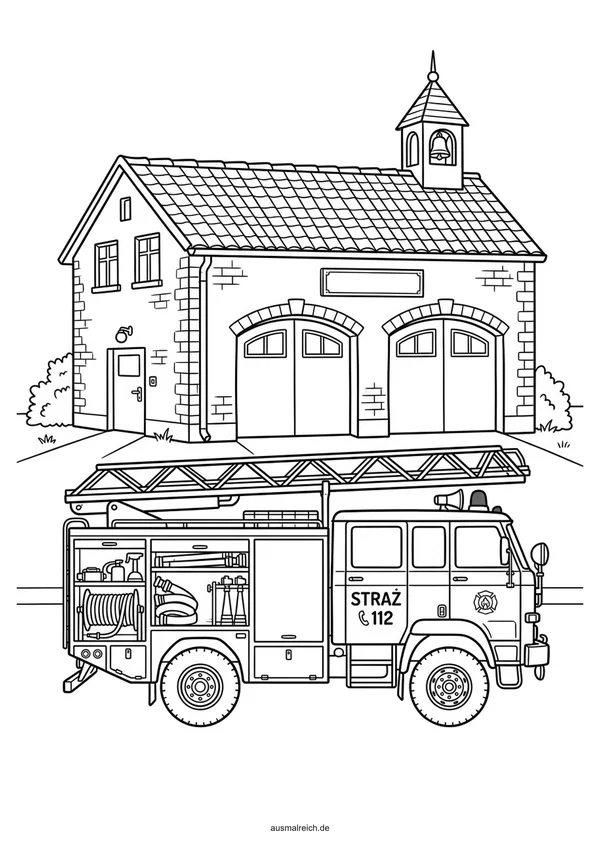 Feuerwehrauto vor der Feuerwache - Kostenloses Ausmalbild für Kinder (5-7 Jahre)