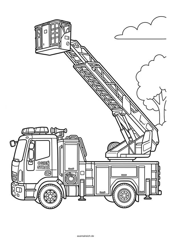 Feuerwehrauto mit Leiterkorb - Kostenloses Ausmalbild für Kinder (6-8 Jahre)