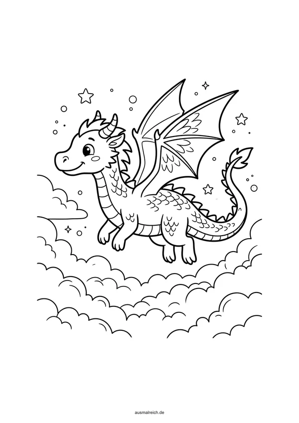 Fliegender Drache über den Wolken - Kostenloses Ausmalbild für Kinder (5-7 Jahre)