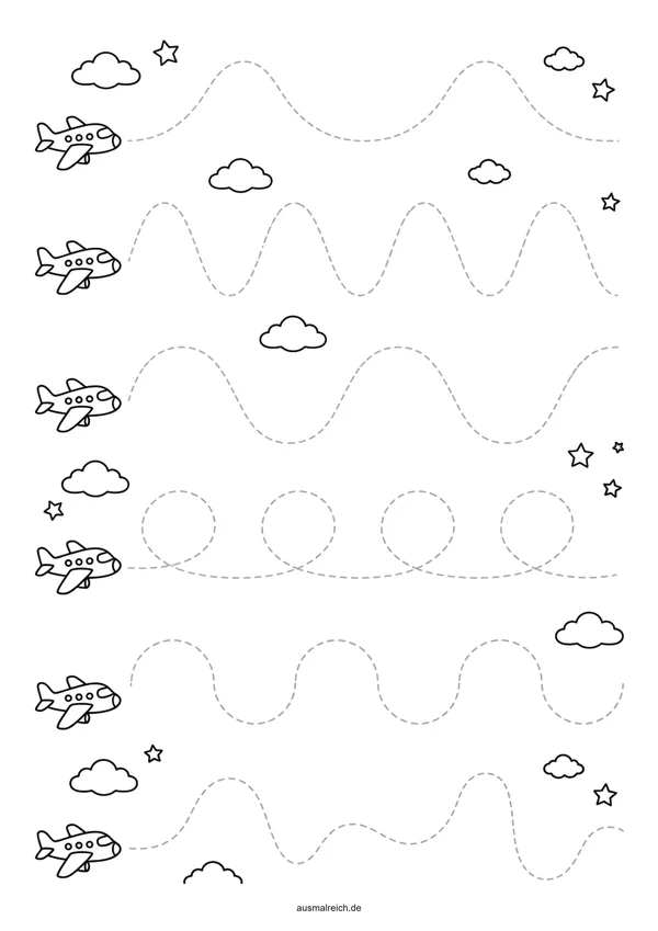 Schwungübung und Nachspuren für Vorschule & Kindergarten (5-7 Jahre): Schwungübung: Flugzeug in den Wolken