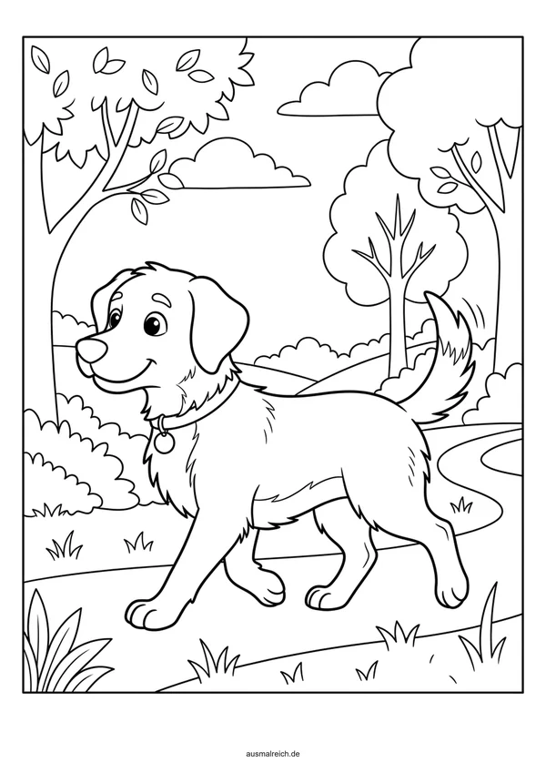 Fröhlicher Hund beim Spaziergang - Kostenloses Ausmalbild für Kinder (5-7 Jahre)