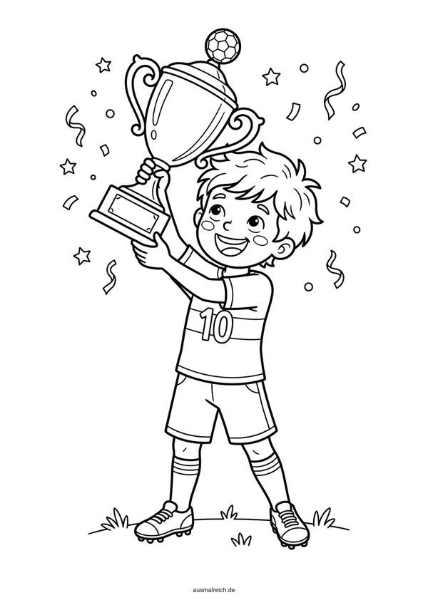 Fußballer mit dem Siegerpokal - Kostenloses Ausmalbild für Kinder (6-8 Jahre)