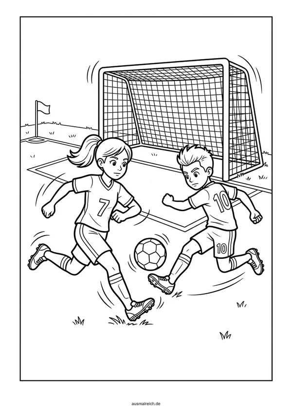 Fußballspiel im Stadion - Kostenloses Ausmalbild für Kinder (6-8 Jahre)