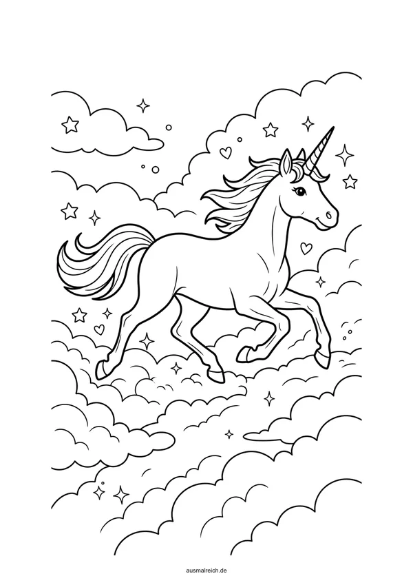 Galoppierendes zauberhaftes Einhorn - Kostenloses Ausmalbild für Kinder (6-8 Jahre)
