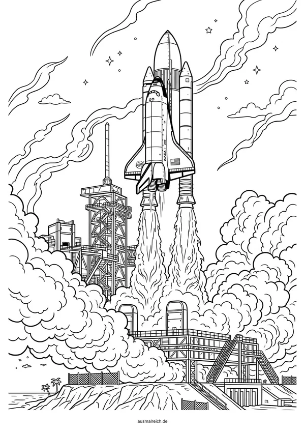 Große Rakete beim Raketenstart - Kostenloses Ausmalbild für Kinder (5-7 Jahre)