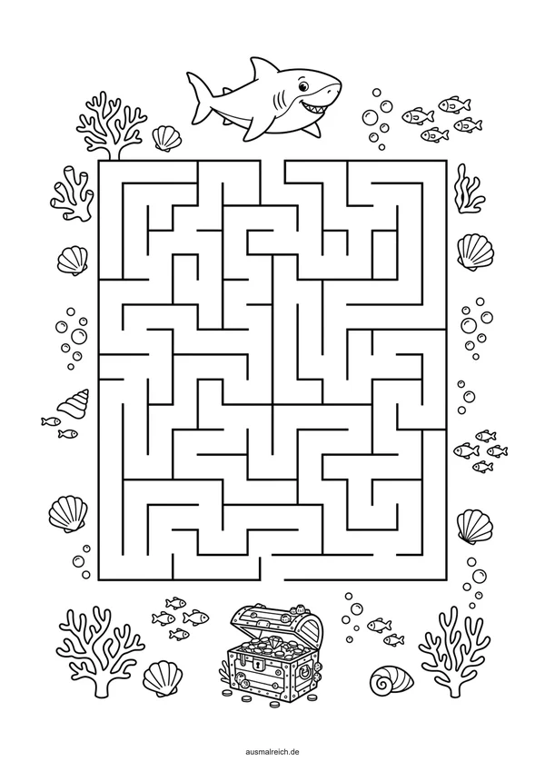 Kostenloses Labyrinth-Rätsel für Kinder (6-8 Jahre): Labyrinth: Hai schwimmt zur Schatztruhe