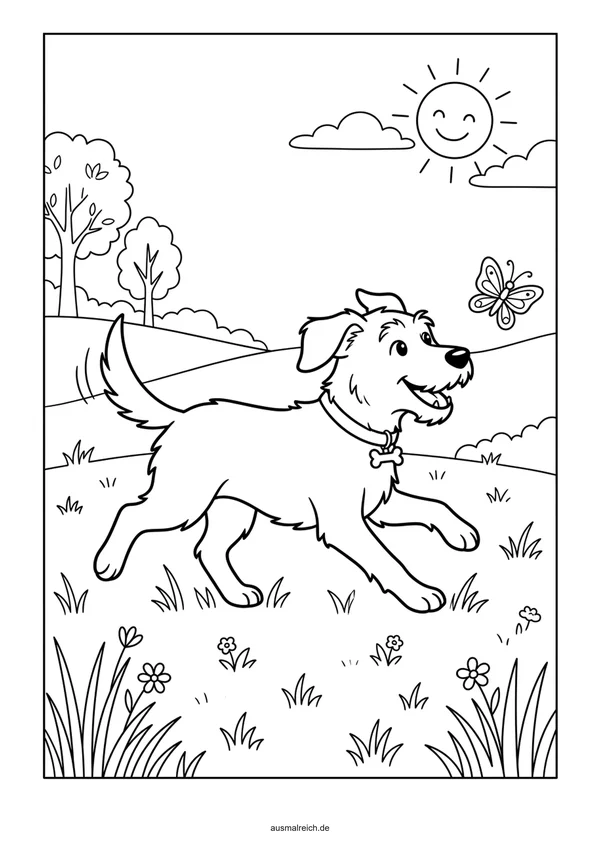 Hund im Blumengarten - Kostenloses Ausmalbild für Kinder (5-7 Jahre)