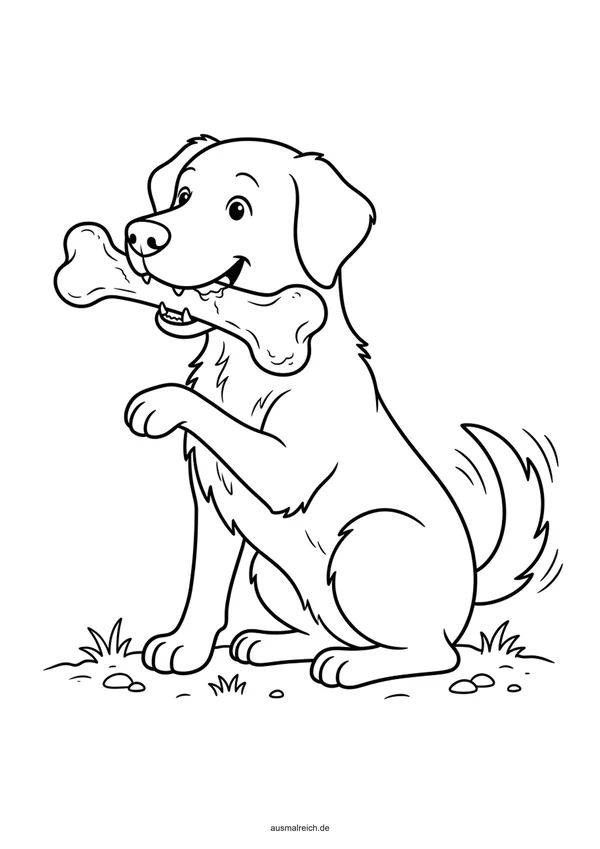 Hund mit großem Knochen - Kostenloses Ausmalbild für Kinder (5-7 Jahre)