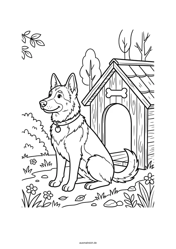 Hund vor der Hundehütte - Kostenloses Ausmalbild für Kinder (5-7 Jahre)