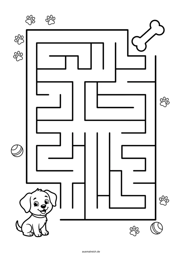 Kostenloses Labyrinth-Rätsel für Kinder (3-4 Jahre): Labyrinth: Hund findet seinen Knochen