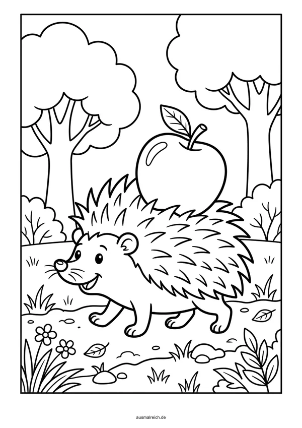Igel mit einem Apfel auf dem Rücken - Kostenloses Ausmalbild für Kinder (4-5 Jahre)