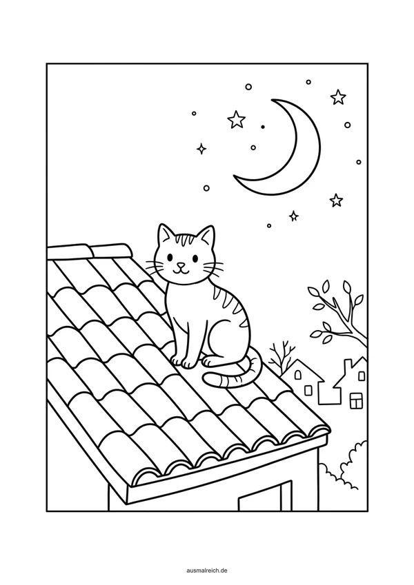Katze auf dem Hausdach - Kostenloses Ausmalbild für Kinder (5-7 Jahre)