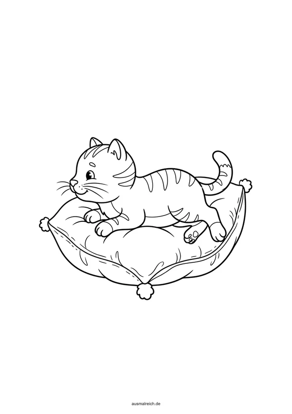 Katze auf dem Kissen - Kostenloses Ausmalbild für Kinder (5-7 Jahre)