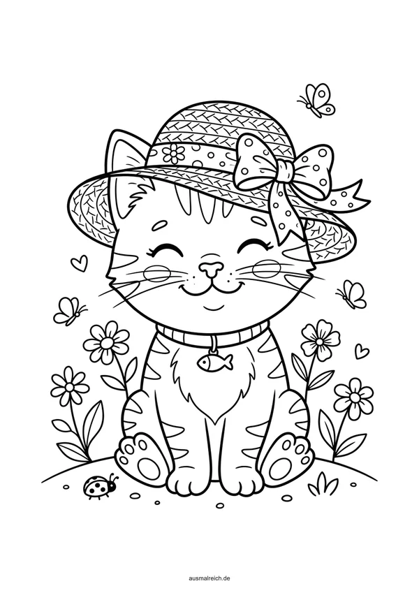 Katze mit lustigem Hut - Kostenloses Ausmalbild für Kinder (5-7 Jahre)