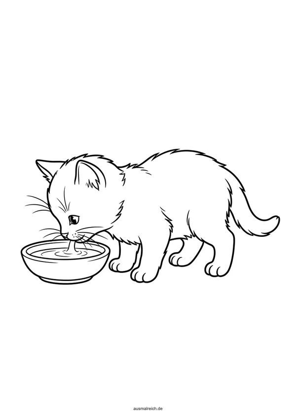 Katze neben dem Futternapf - Kostenloses Ausmalbild für Kinder (5-7 Jahre)
