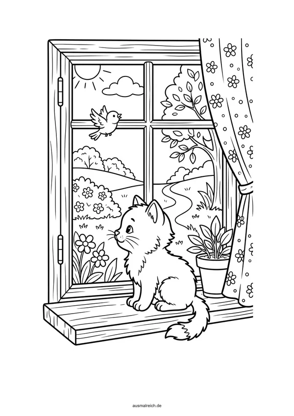 Katze schaut aus dem Fenster - Kostenloses Ausmalbild für Kinder (5-7 Jahre)