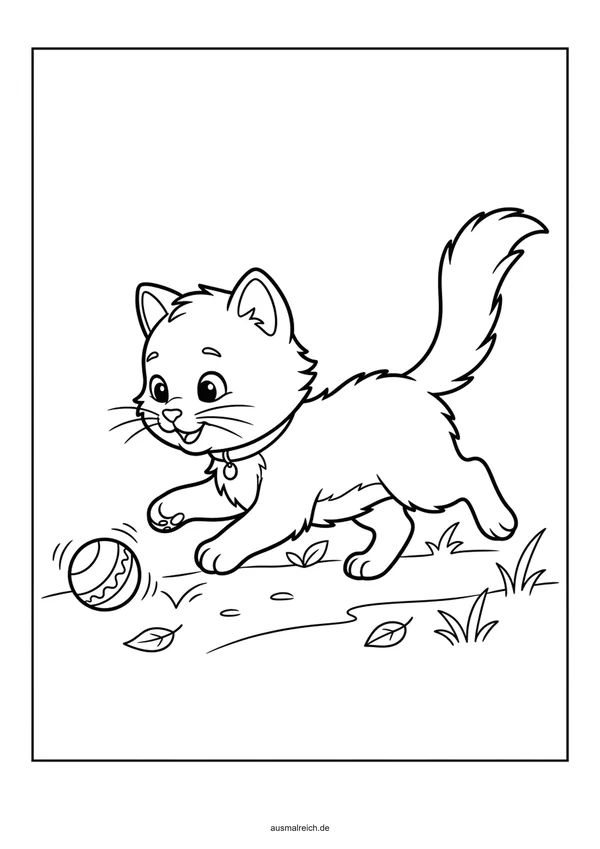 Katze spielt mit kleinem Ball - Kostenloses Ausmalbild für Kinder (5-7 Jahre)