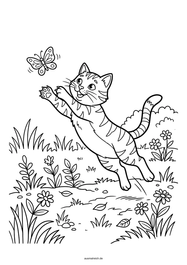 Katze spielt mit Schmetterlingen - Kostenloses Ausmalbild für Kinder (4-5 Jahre)